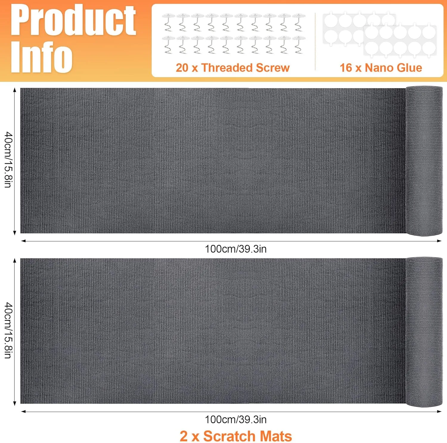 2PCS Anti Cat Scratch Furniture Protector, 78.7"x15.8"Couch Protector from Cat Claws, Trimmable DIY Scratch Carpet Mat for Sofa, Wall, Couch Corner, Cat Tower, Self-Adhesive Scratch Pad(Dark Gray)