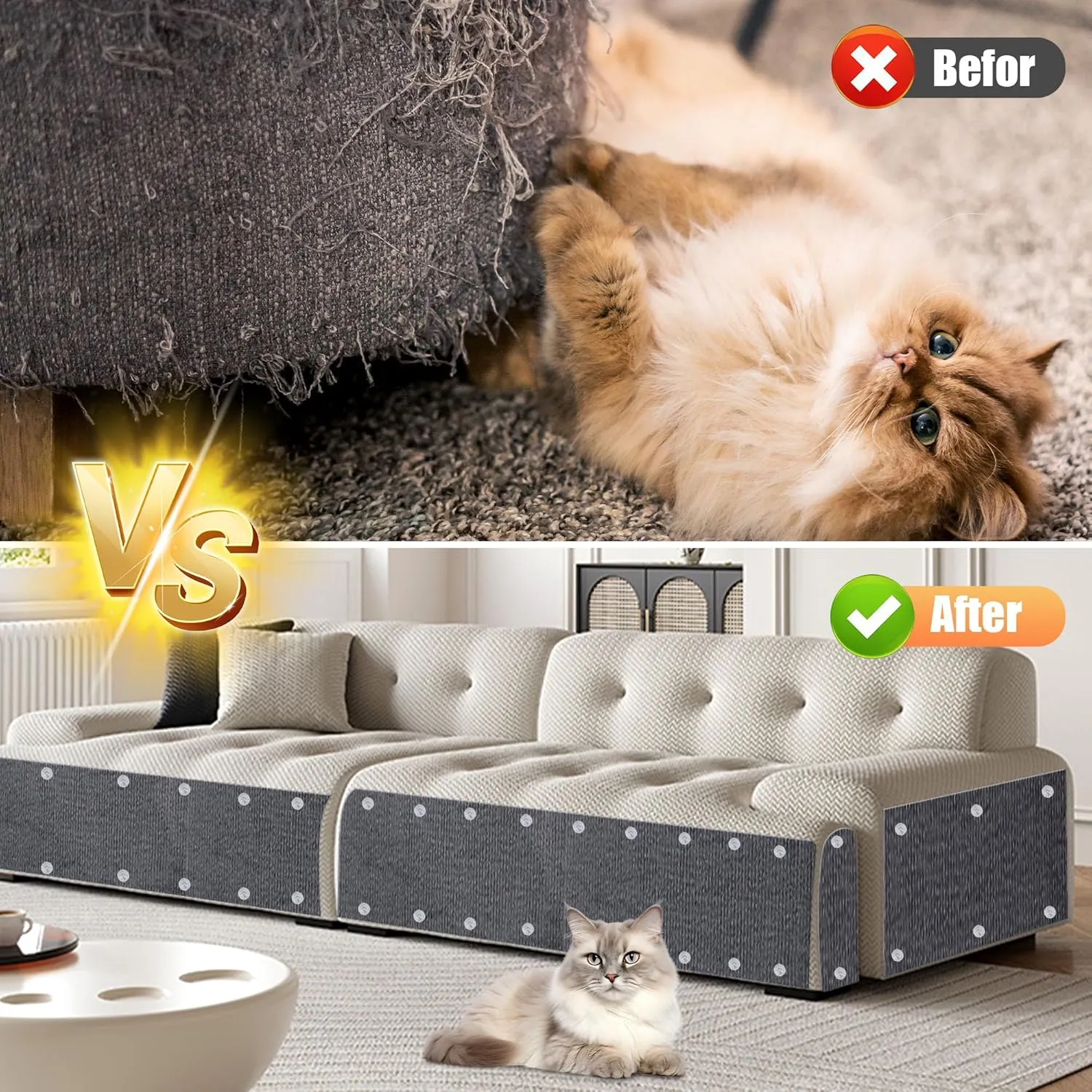 2PCS Anti Cat Scratch Furniture Protector, 78.7"x15.8"Couch Protector from Cat Claws, Trimmable DIY Scratch Carpet Mat for Sofa, Wall, Couch Corner, Cat Tower, Self-Adhesive Scratch Pad(Dark Gray)