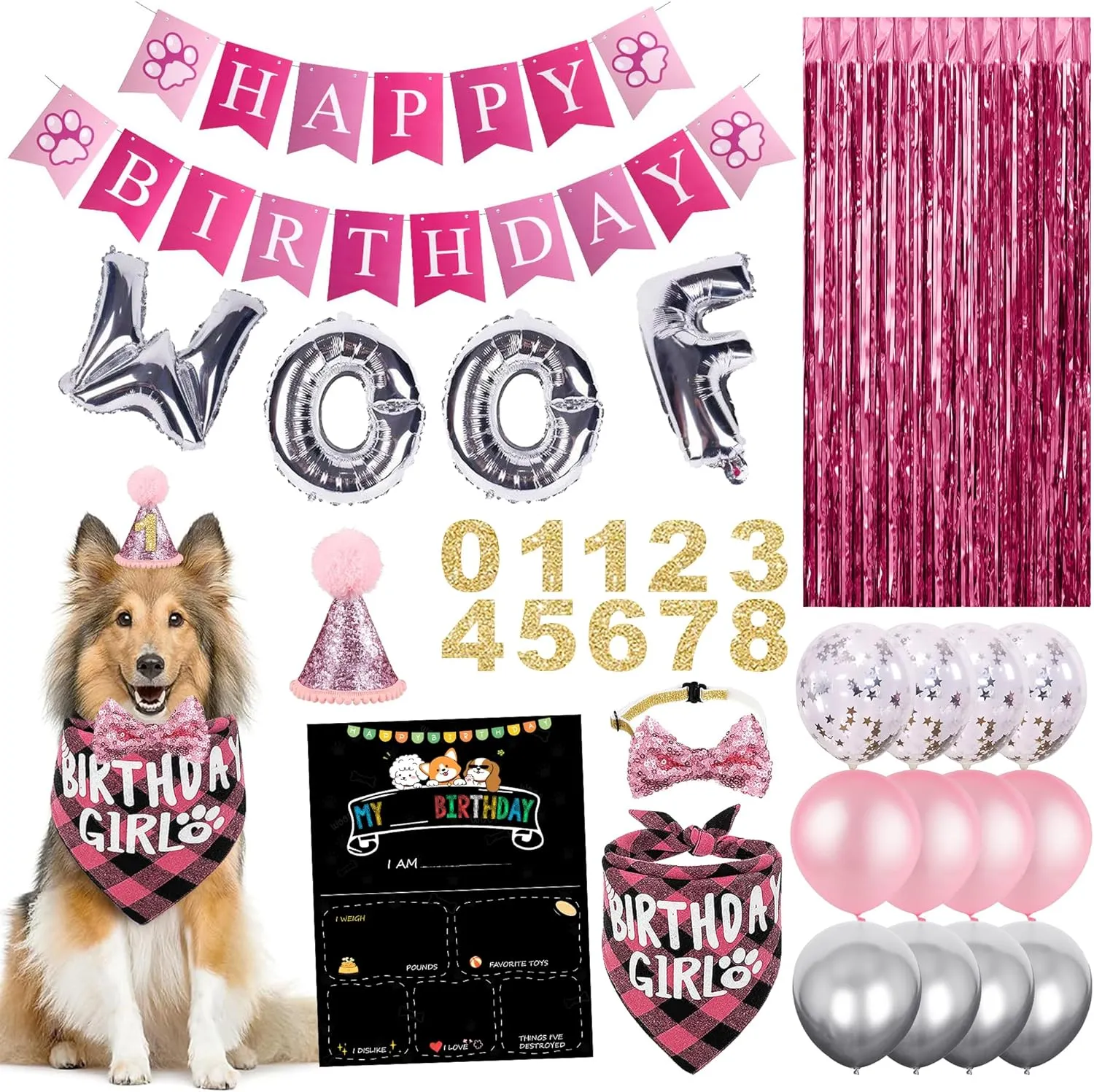 32 PCS Dog Birthday Party Supplies - Dog Birthday Bandana Set - Birthday Boy Decorations Curtain for Multi Sizes Dogs Party Hat, Dog Birthday Banner with Woof Balloons, Bowtie(GIRL)