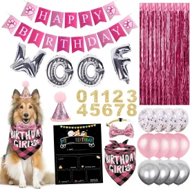 32 PCS Dog Birthday Party Supplies - Dog Birthday Bandana Set - Birthday Boy Decorations Curtain for Multi Sizes Dogs Party Hat, Dog Birthday Banner with Woof Balloons, Bowtie(GIRL)