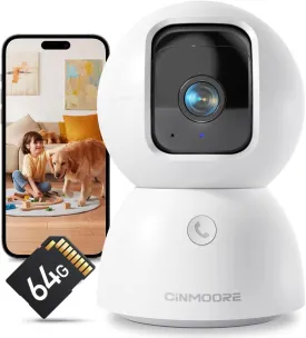 3K Smart Security Camera Indoor with 64GB SD Card,No Monthly Fee,Elderly/Baby Monitor Pet Camera, 360 View, Color Night Vision, AI Motion Tracking, 2-Way Talk,WiFi 6,Cloud Storage Option