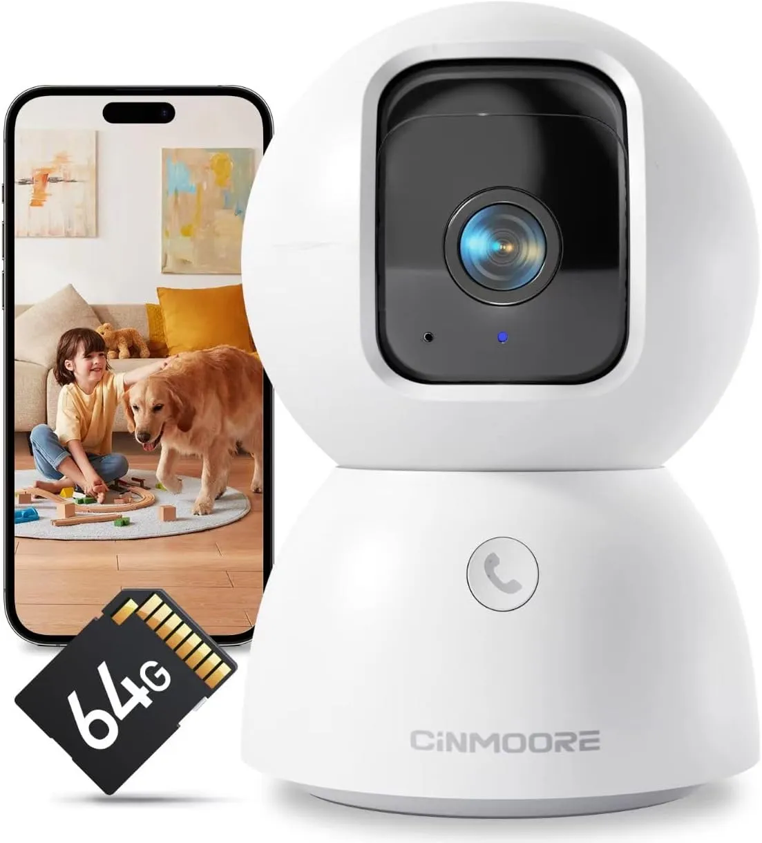 3K Smart Security Camera Indoor with 64GB SD Card,No Monthly Fee,Elderly/Baby Monitor Pet Camera, 360 View, Color Night Vision, AI Motion Tracking, 2-Way Talk,WiFi 6,Cloud Storage Option