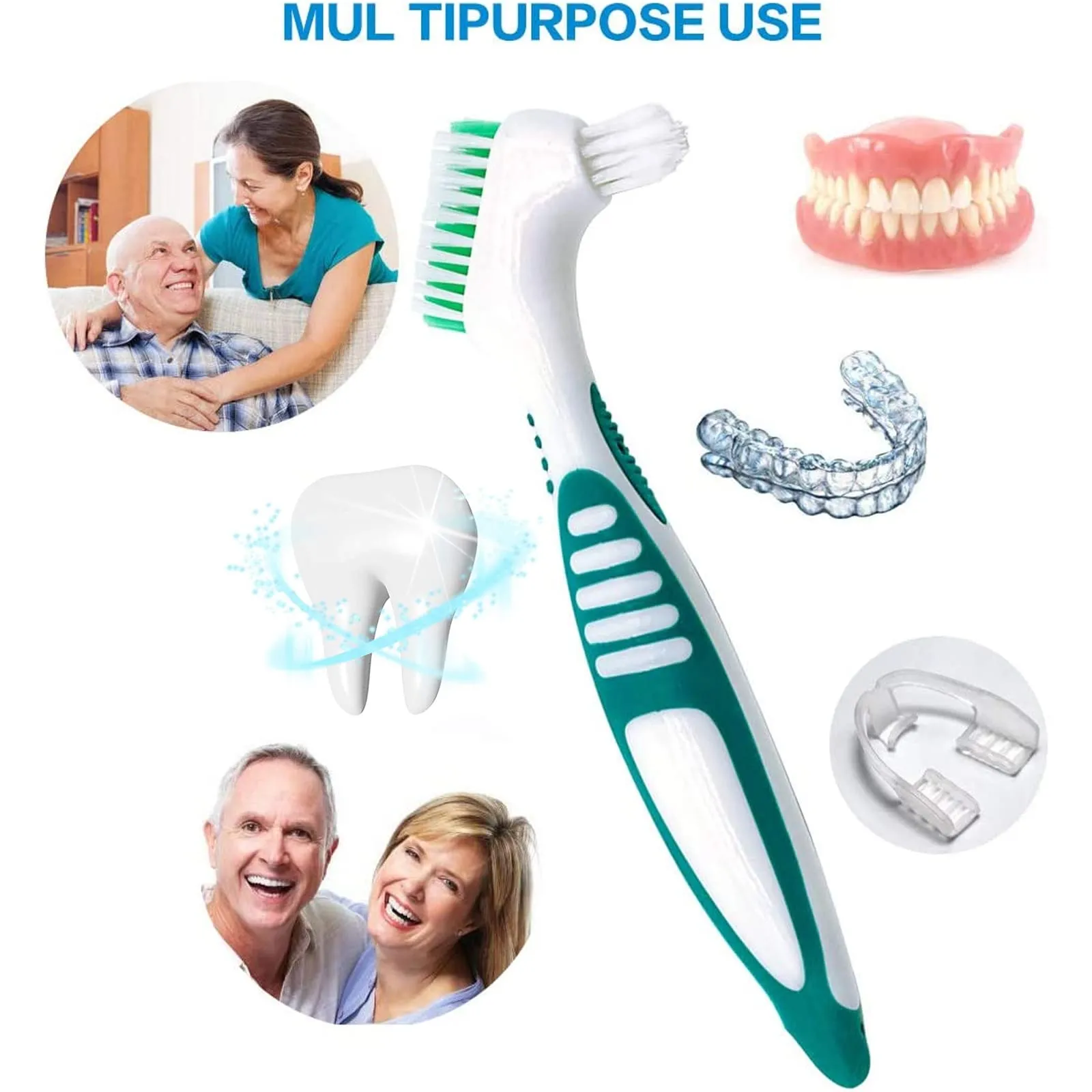 4Pcs Denture Brush, Retainer Brush, Denture Toothbrush, Portable Denture Cleaning Brush, Double Bristle Head Denture Brush, False Teeth Brush for Cleaning Retainers (Blue, Purple, Green,Orange)