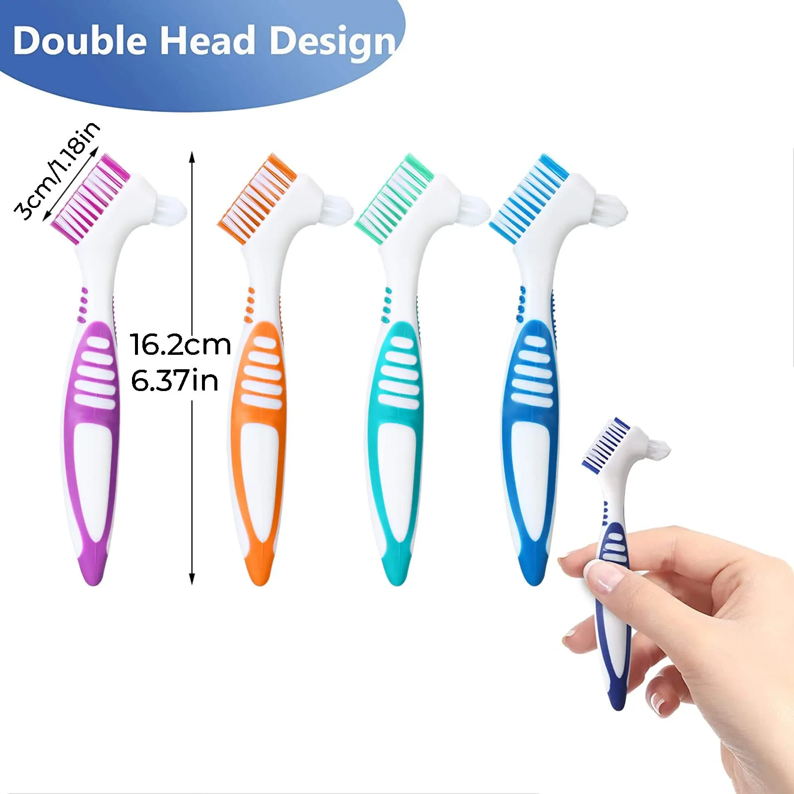 4Pcs Denture Brush, Retainer Brush, Denture Toothbrush, Portable Denture Cleaning Brush, Double Bristle Head Denture Brush, False Teeth Brush for Cleaning Retainers (Blue, Purple, Green,Orange)