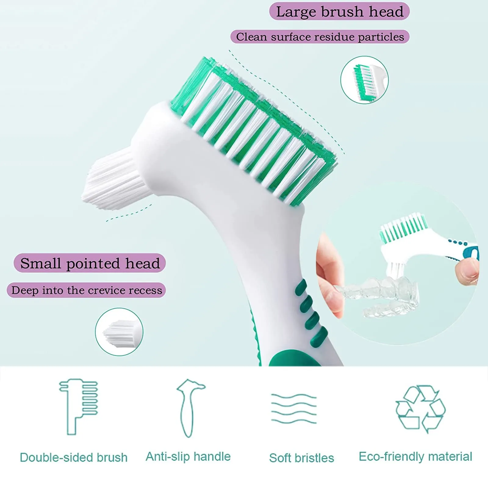 4Pcs Denture Brush, Retainer Brush, Denture Toothbrush, Portable Denture Cleaning Brush, Double Bristle Head Denture Brush, False Teeth Brush for Cleaning Retainers (Blue, Purple, Green,Orange)