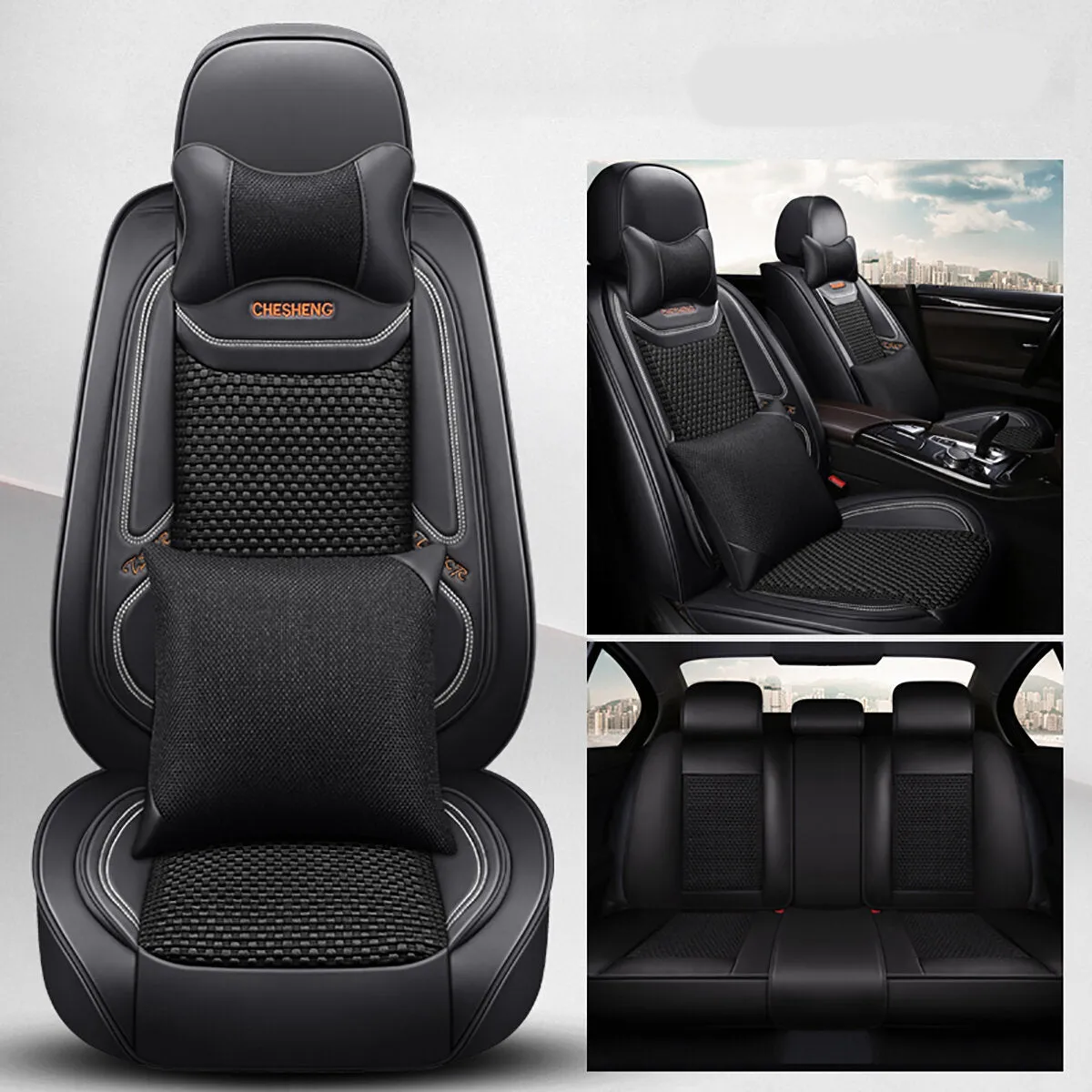 5D Universal PU Leather Car Seat Covers - Full Set for 5 Seats, Non-Slip Cushion Protector Mat