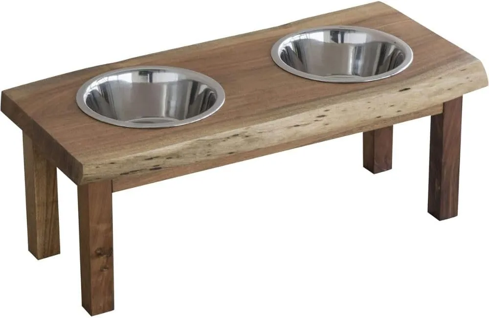 Acacia Wood Live Edge Double Bowl Pet Feeder Stand Multi-Pet Feeding Station with Rustic Natural Design Durable Construction and Easy-to-Clean Surface