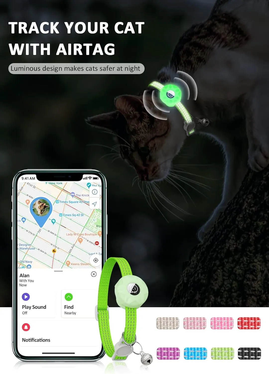 AirTag Cat Collar, Reflective Kitten Collar Breakaway Apple Air Tag Cat Collar, GPS Cat Collar with AirTag Holder and Bell, Lightweight Tracker Cat Collars for Girl Boy Cats Puppies (Luminous Green)