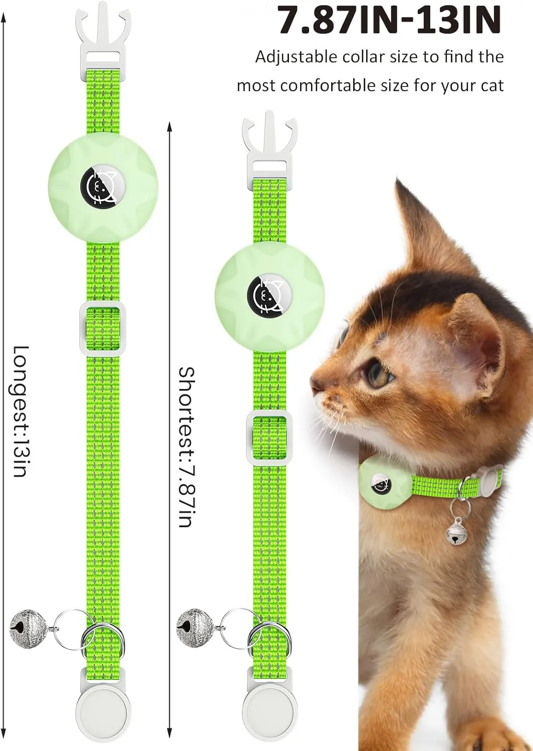 AirTag Cat Collar, Reflective Kitten Collar Breakaway Apple Air Tag Cat Collar, GPS Cat Collar with AirTag Holder and Bell, Lightweight Tracker Cat Collars for Girl Boy Cats Puppies (Luminous Green)