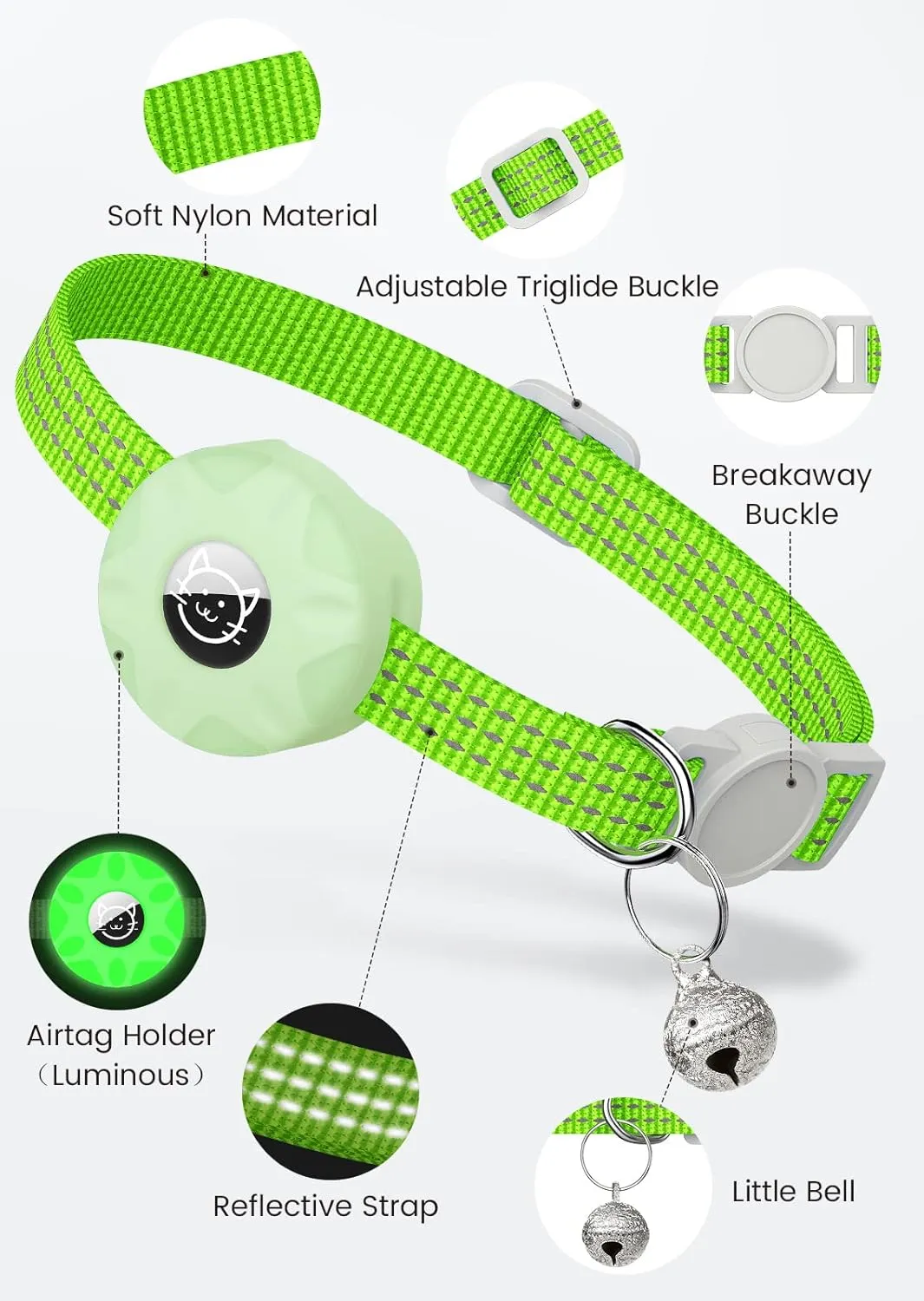 AirTag Cat Collar, Reflective Kitten Collar Breakaway Apple Air Tag Cat Collar, GPS Cat Collar with AirTag Holder and Bell, Lightweight Tracker Cat Collars for Girl Boy Cats Puppies (Luminous Green)