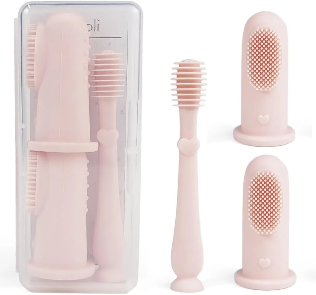 Ali Oli Oral Care Set for Baby (Blush) Includes Dual-Sided Baby Finger Toothbrush x 2, Tongue Scraper for Baby, Protective Case, BPA, Phthalate, and PVC Free, Food-Grade Baby Care Products for Infants