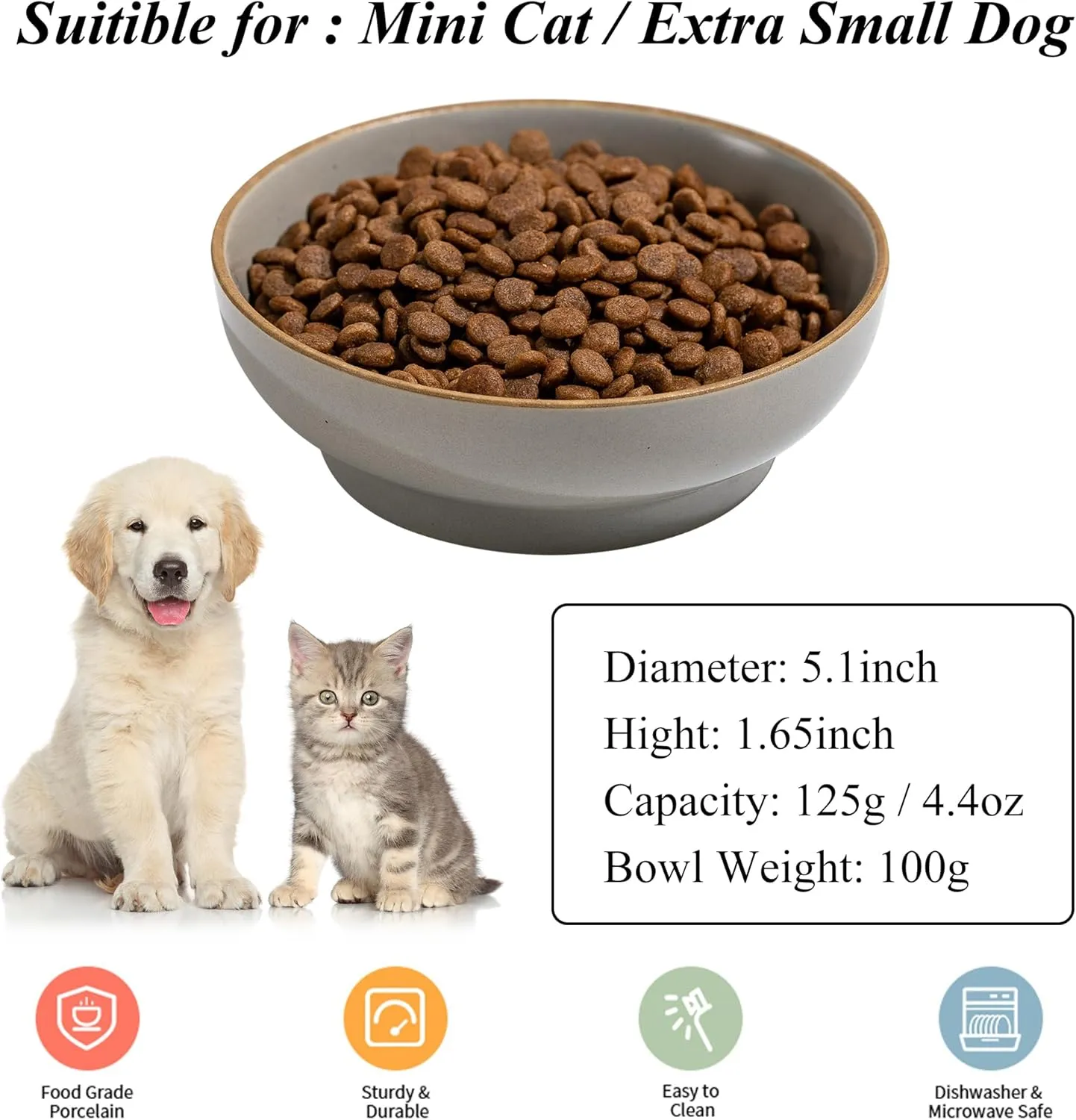 Cat Bowl Set of 3, Non Slip Dish Pet Cat Food Bowls, Shallow Water Bowl Cat Feeding Wide Bowls to Stress Relief of Whisker Fatigue, Pet Bowl for Dogs Rabbits Puppy Birds(Safe Food-Grade Ceramic) Gray