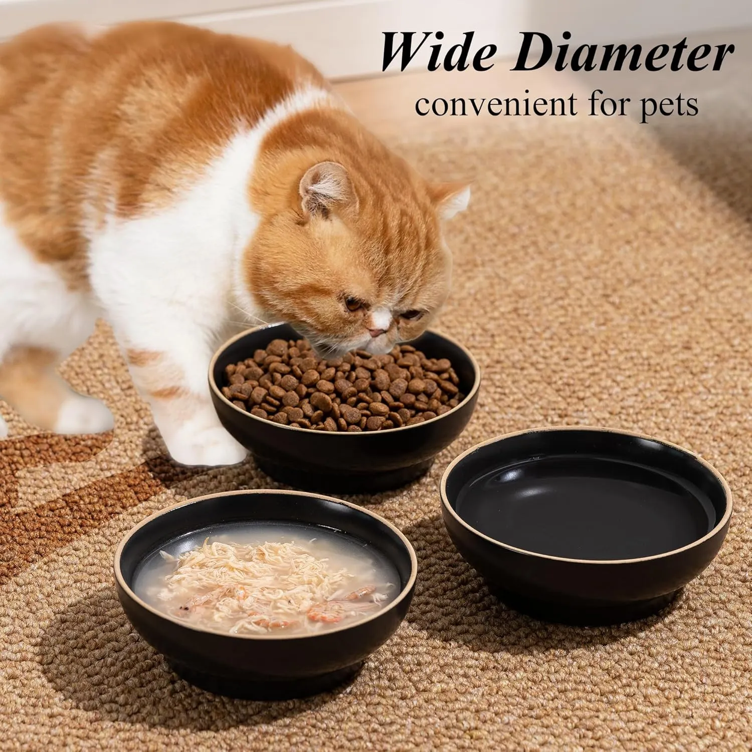 Cat Bowl Set of 3, Non Slip Dish Pet Cat Food Bowls, Shallow Water Bowl Cat Feeding Wide Bowls to Stress Relief of Whisker Fatigue, Pet Bowl for Dogs Rabbits Puppy Birds(Safe Food-Grade Ceramic) Gray
