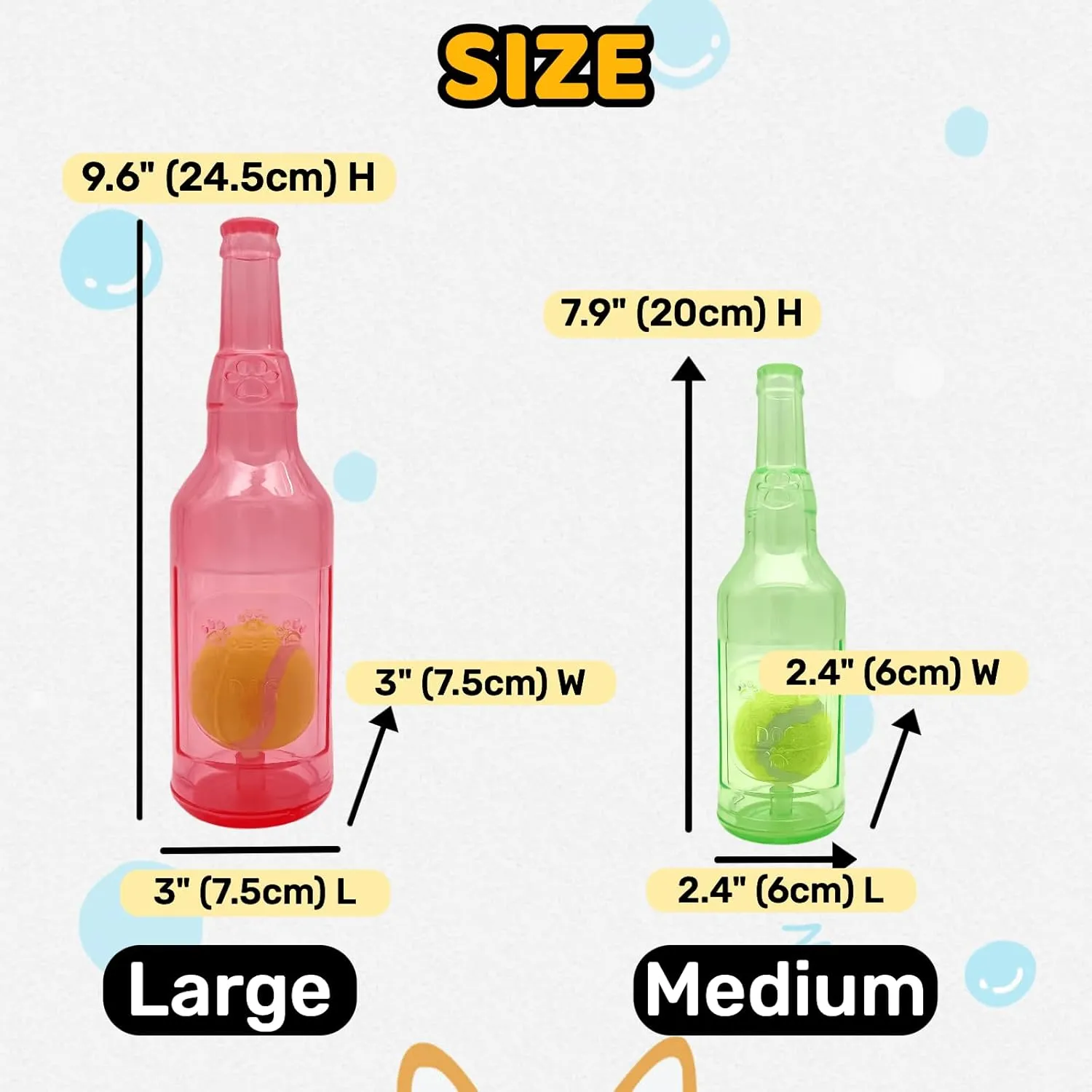 Cute Tough Dog Toy Rubber Bottle Squeaky Dogs Chew Toy Long Lasting Interactive Fetch Toy for Teething Tennis Ball Included (Green, Medium)