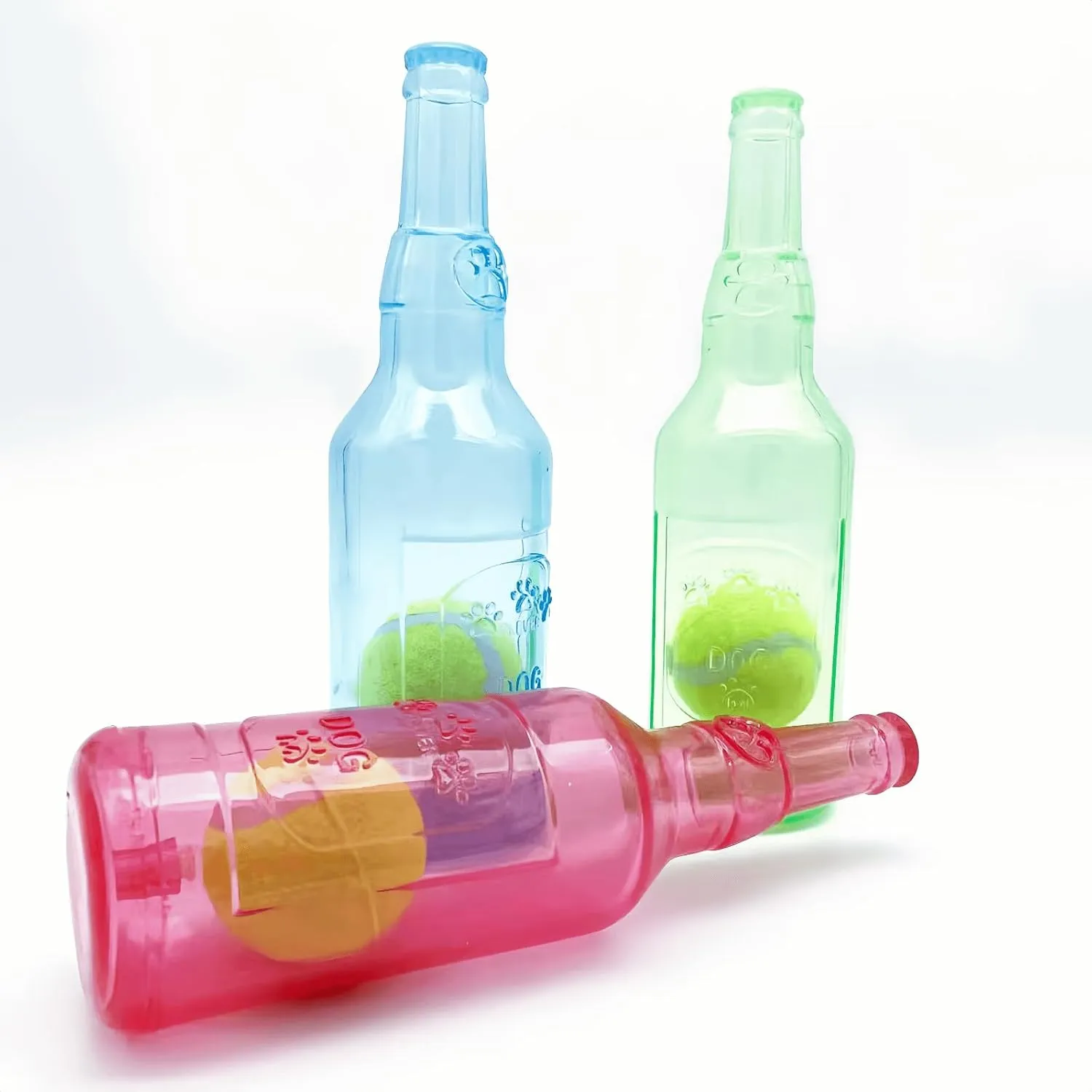 Cute Tough Dog Toy Rubber Bottle Squeaky Dogs Chew Toy Long Lasting Interactive Fetch Toy for Teething Tennis Ball Included (Green, Medium)