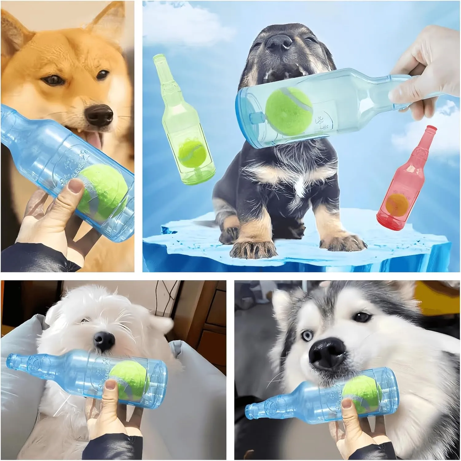 Cute Tough Dog Toy Rubber Bottle Squeaky Dogs Chew Toy Long Lasting Interactive Fetch Toy for Teething Tennis Ball Included (Green, Medium)