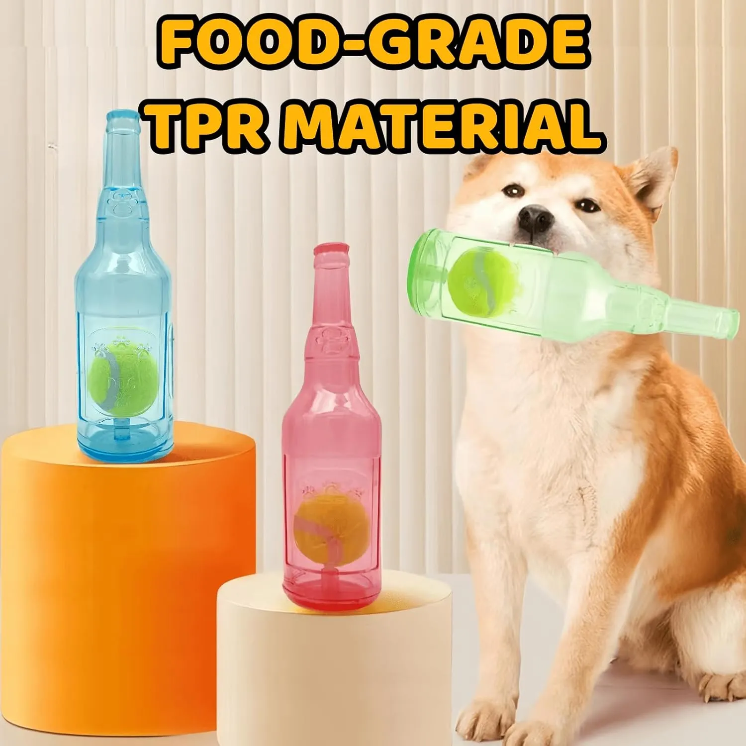 Cute Tough Dog Toy Rubber Bottle Squeaky Dogs Chew Toy Long Lasting Interactive Fetch Toy for Teething Tennis Ball Included (Green, Medium)