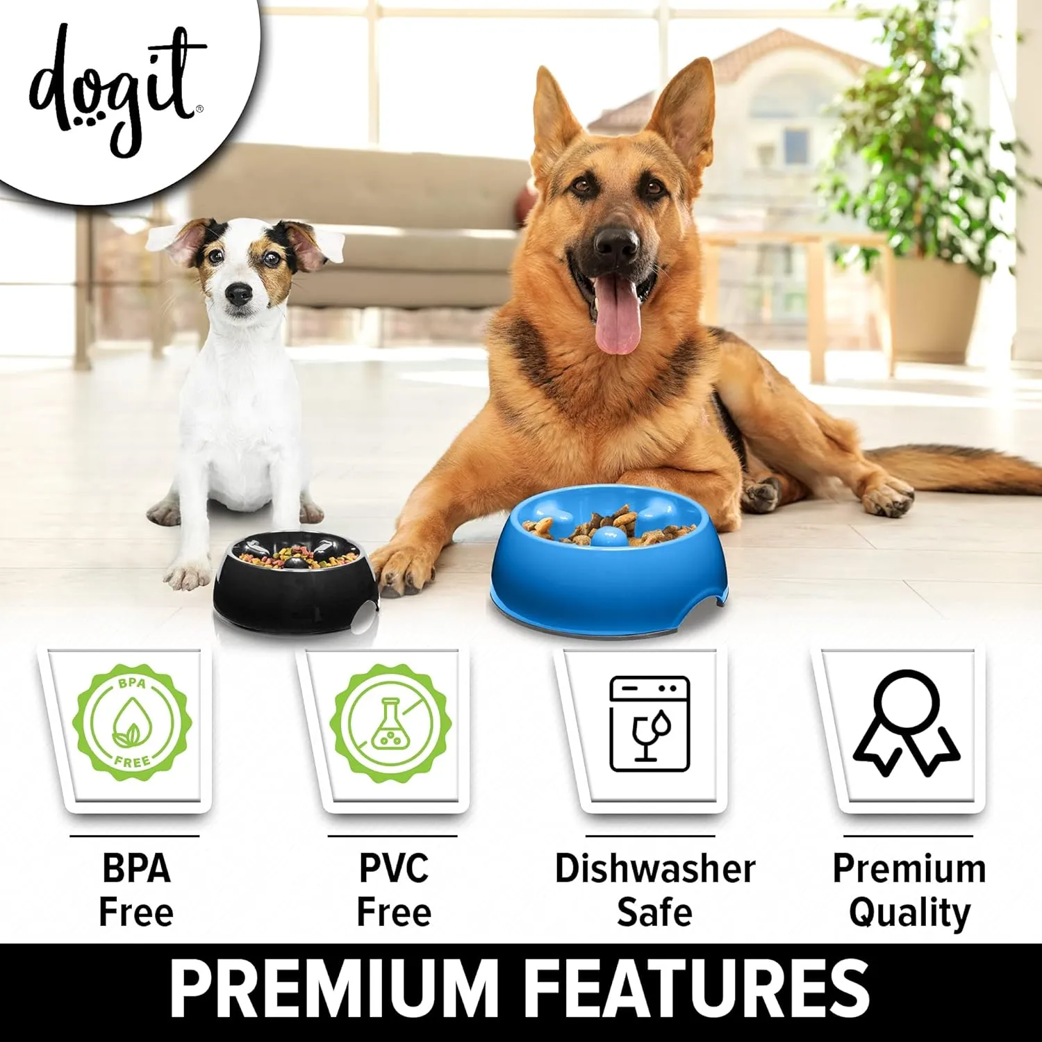 Dogit Slow Feeder Bowl for Wet or Dry Food, Go Slow Anti-Gulping Dish, Blue, Large