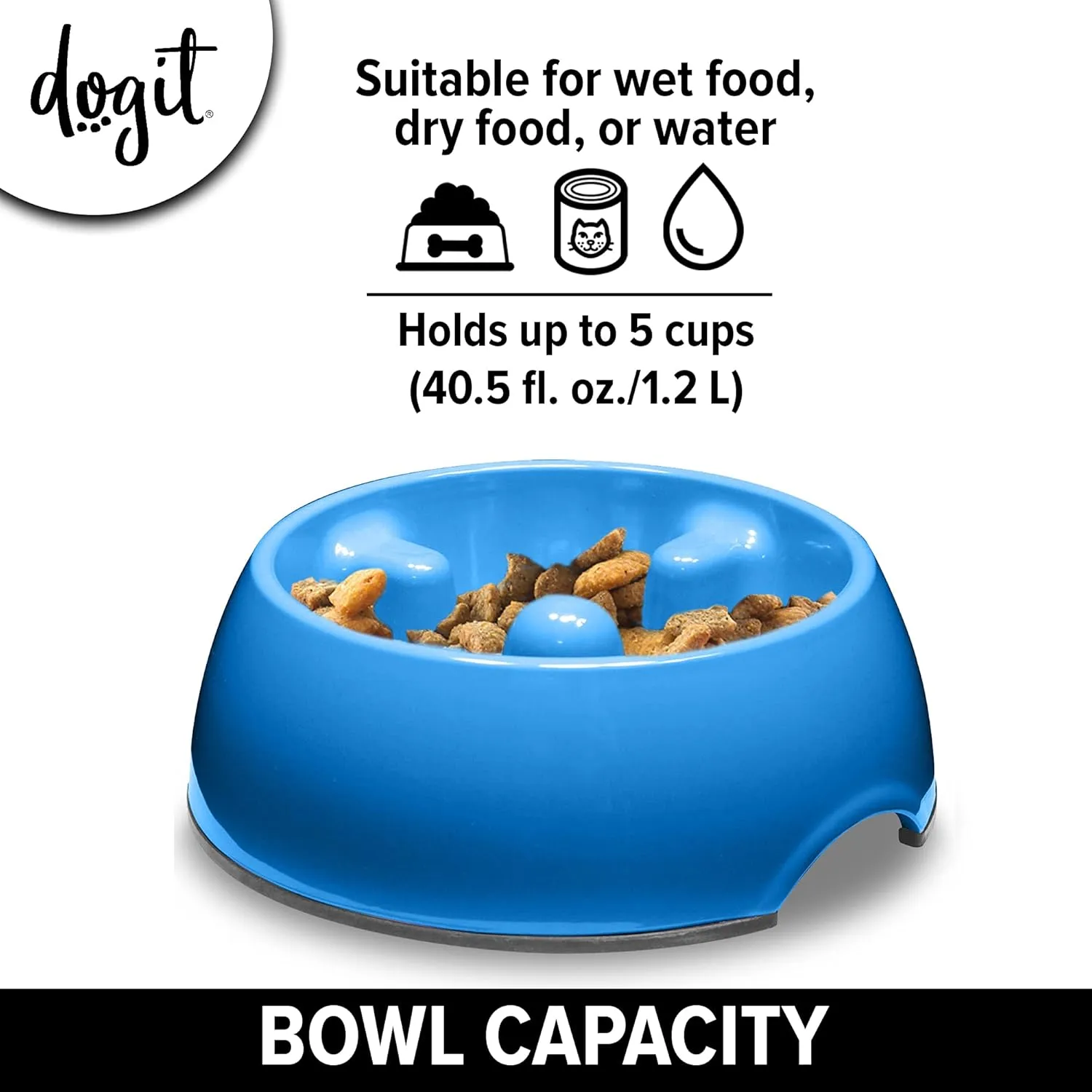 Dogit Slow Feeder Bowl for Wet or Dry Food, Go Slow Anti-Gulping Dish, Blue, Large