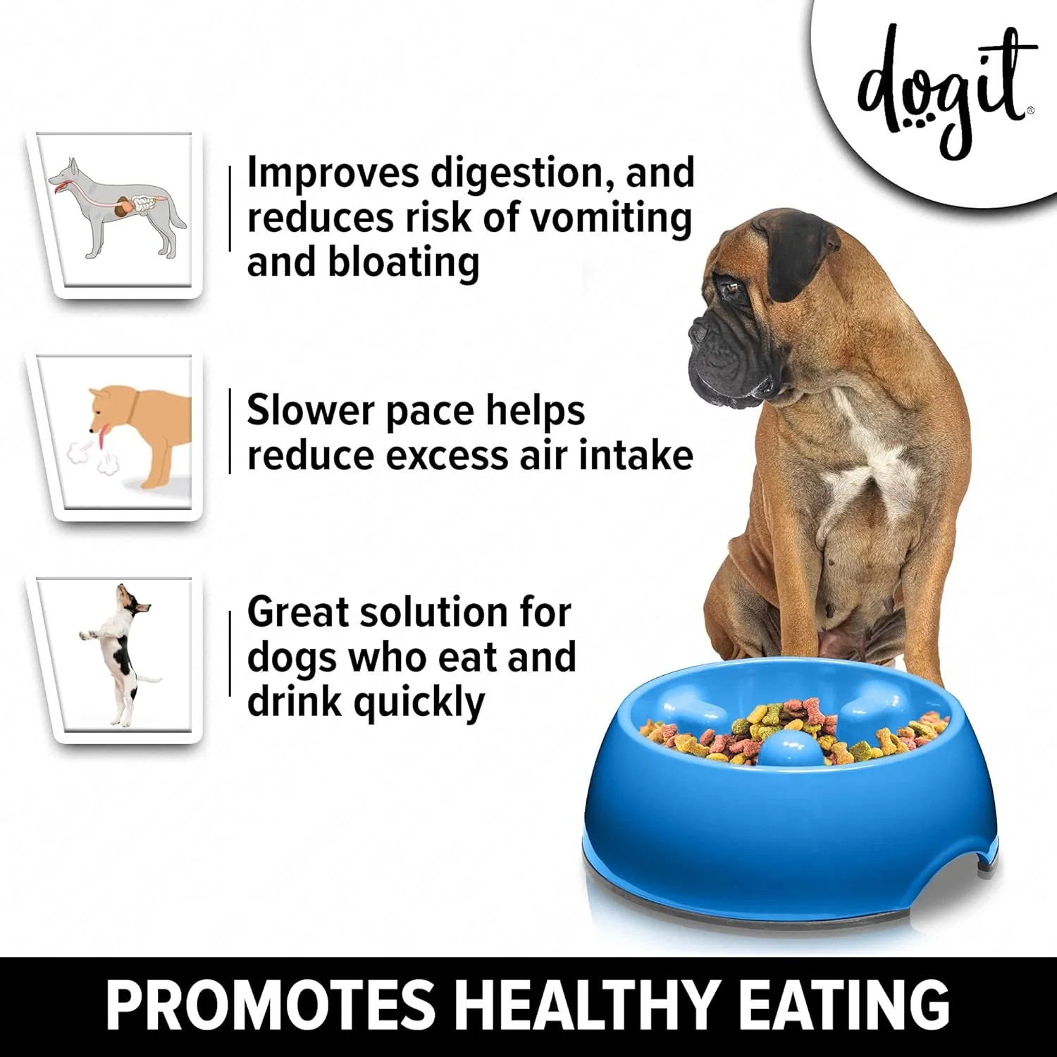 Dogit Slow Feeder Bowl for Wet or Dry Food, Go Slow Anti-Gulping Dish, Blue, Large