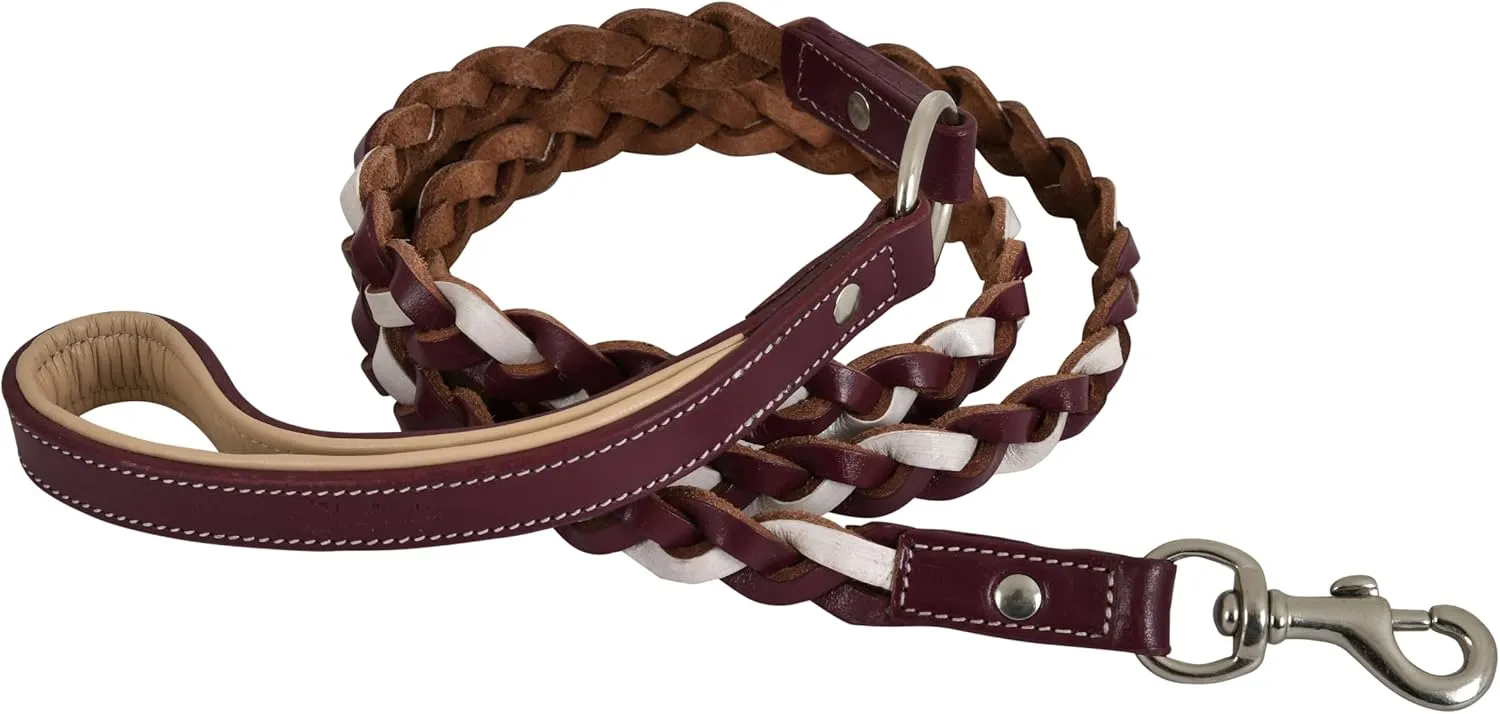 Double Handle Leather Dog Leash, 6 ft, Heavy Duty Braided, Traffic Handle for Small, Medium & Large Dogs (Magenta)