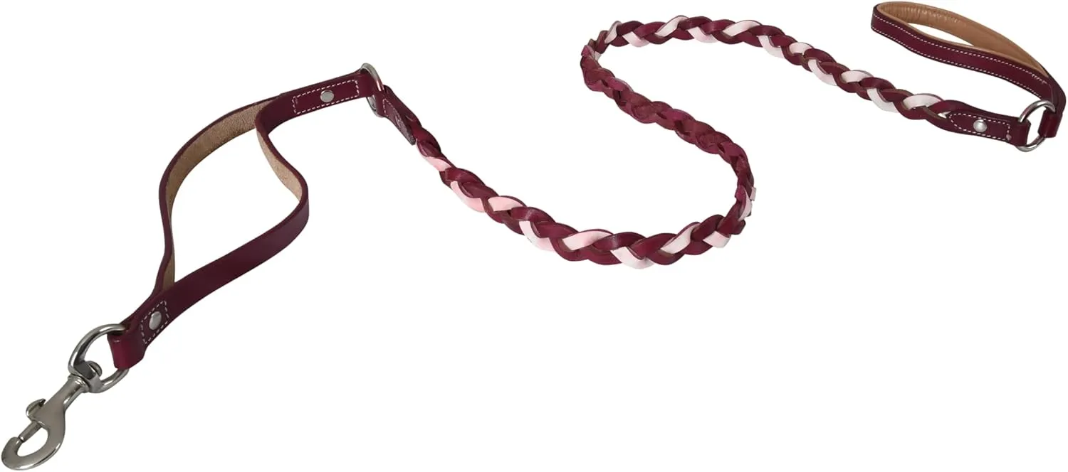 Double Handle Leather Dog Leash, 6 ft, Heavy Duty Braided, Traffic Handle for Small, Medium & Large Dogs (Magenta)