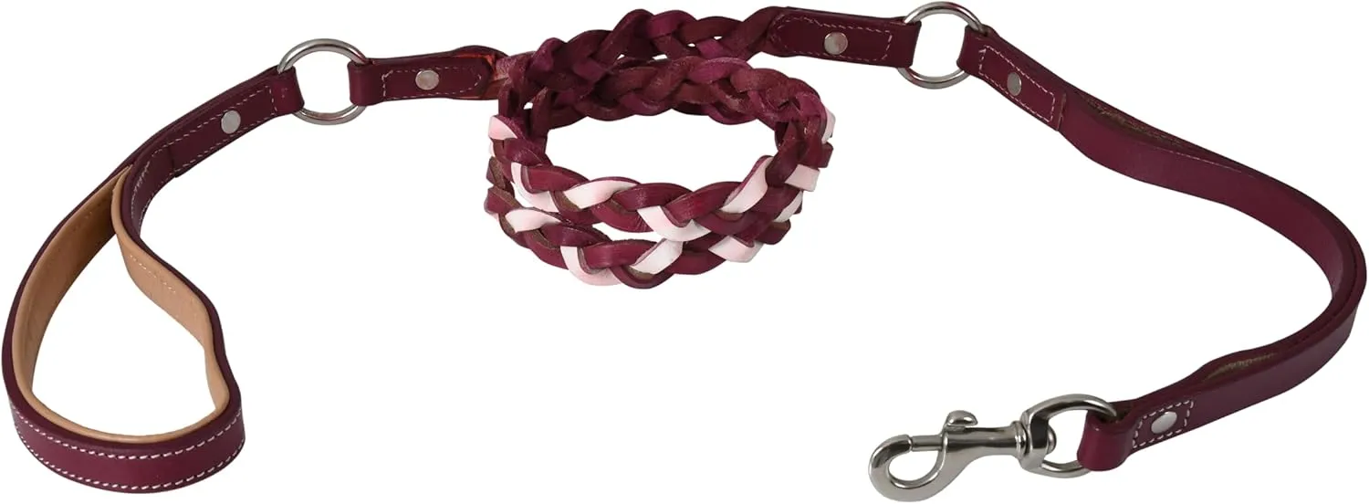 Double Handle Leather Dog Leash, 6 ft, Heavy Duty Braided, Traffic Handle for Small, Medium & Large Dogs (Magenta)