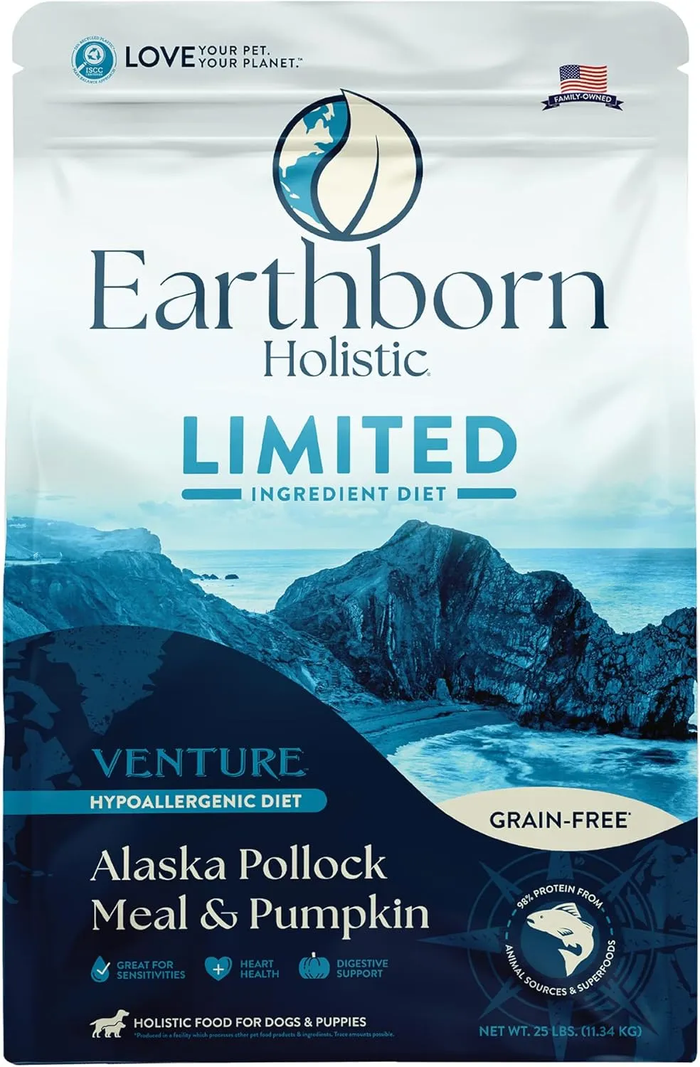 Earthborn Holistic Venture Alaska Pollock Meal & Pumpkin Limited Ingredient Diet Grain-Free Dry Food for Dogs & Puppies (25 lb. Bag)