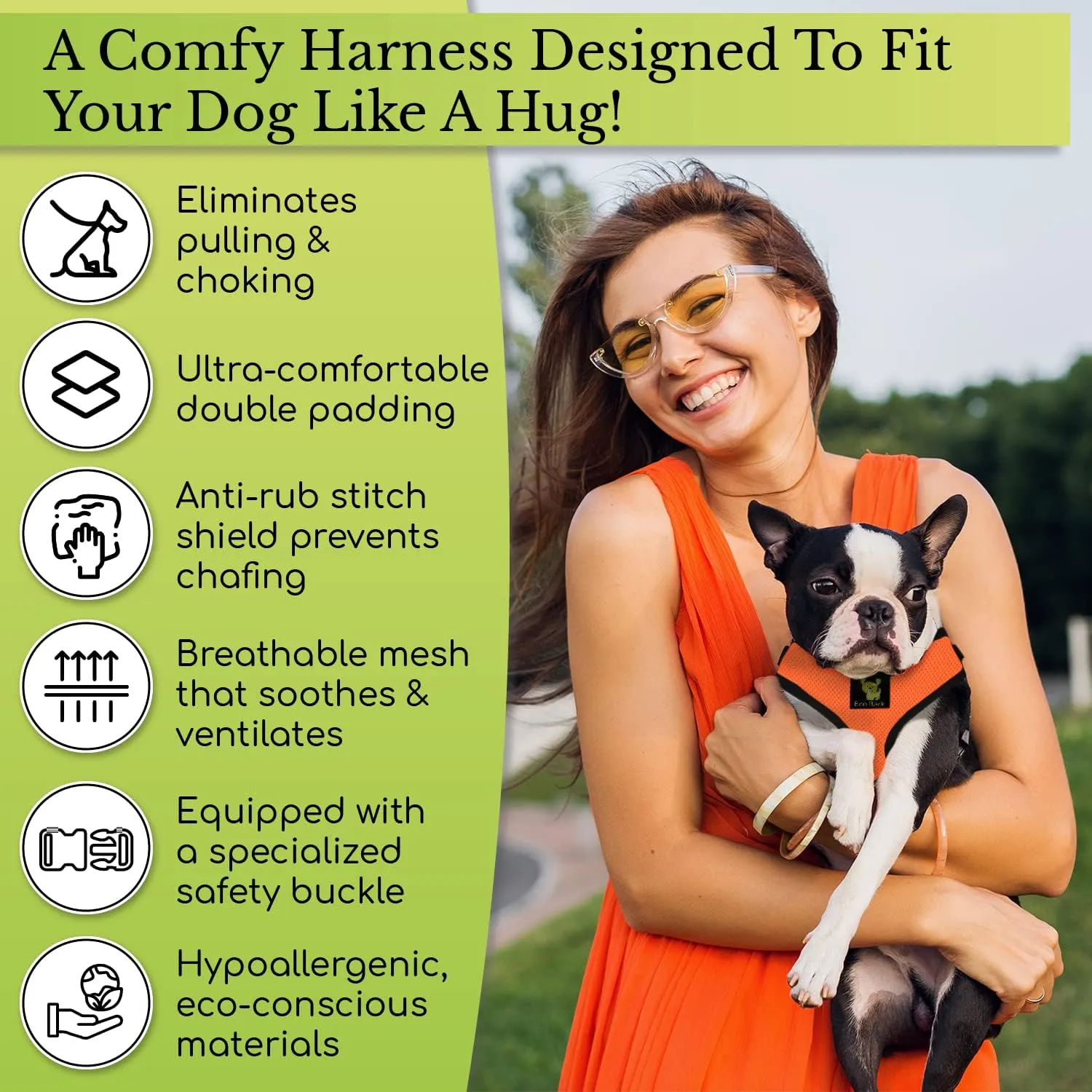 EcoBark Dog Harness - Eco-Friendly Max Comfort Harnesses - Luxurious Soft Mesh Halter - Over The Head Harness Vest- No Pull and No Choke for Puppy, Toy Breeds & Small Dogs (Medium, Blue)
