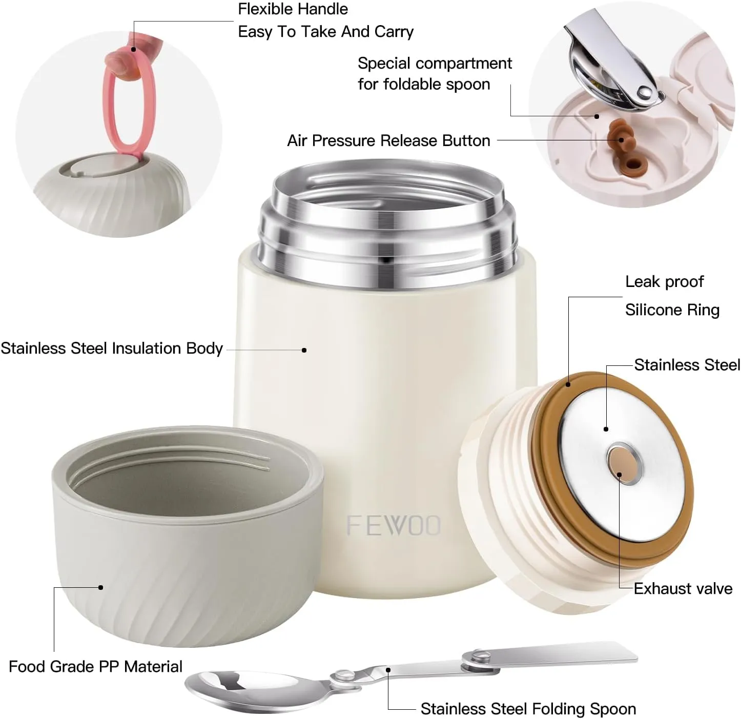 FEWOO Food Jar - 20oz Vacuum Insulated Soup Container, Stainless Steel Lunch Box for Kids Adult, with Folding Spoon for Hot or Cold Food (White)