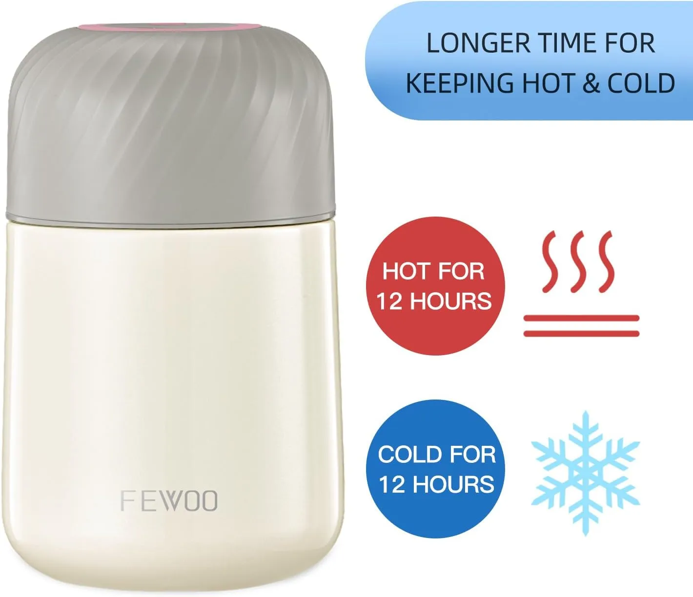 FEWOO Food Jar - 20oz Vacuum Insulated Soup Container, Stainless Steel Lunch Box for Kids Adult, with Folding Spoon for Hot or Cold Food (White)