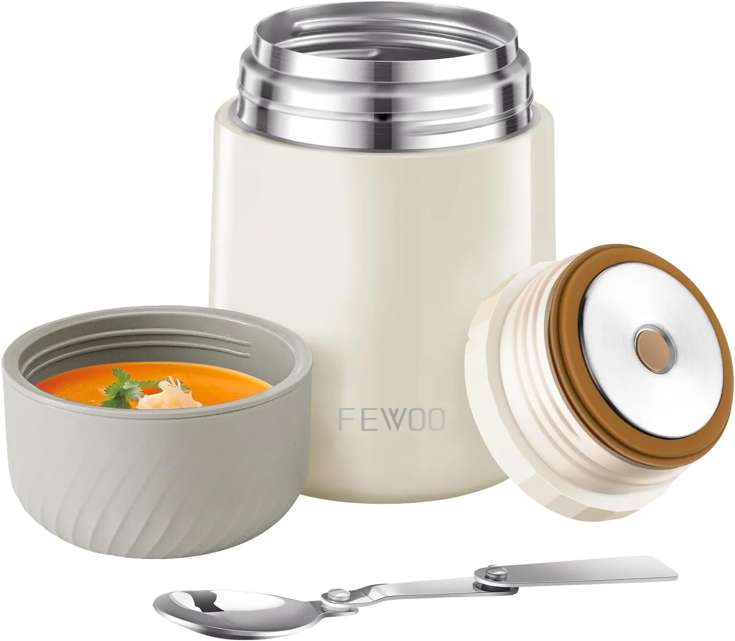 FEWOO Food Jar - 20oz Vacuum Insulated Soup Container, Stainless Steel Lunch Box for Kids Adult, with Folding Spoon for Hot or Cold Food (White)