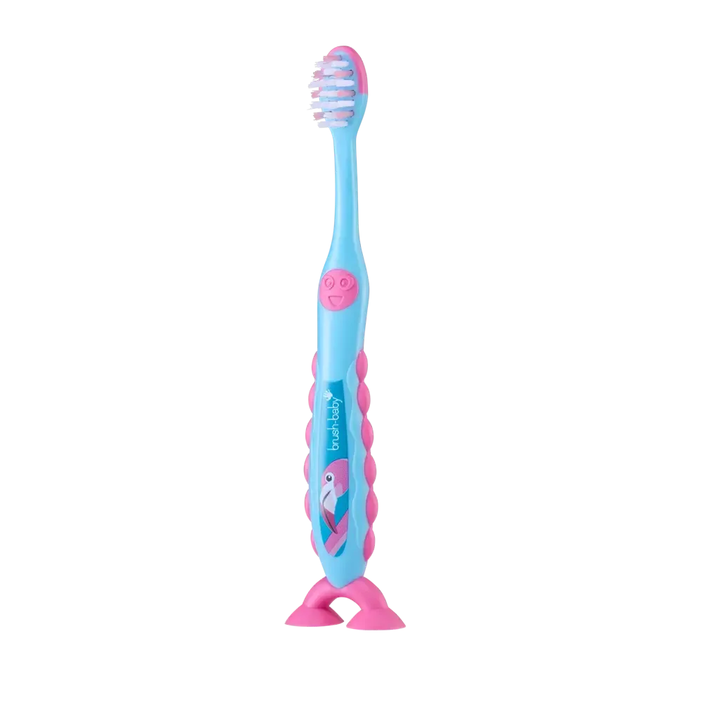 FlossBrush™ Bristles Toothbrushes Double Pack (3-6 Years) 4 Packs of Mixed Colors (Dinosaur, Unicorn, Rocket, Flamingo)