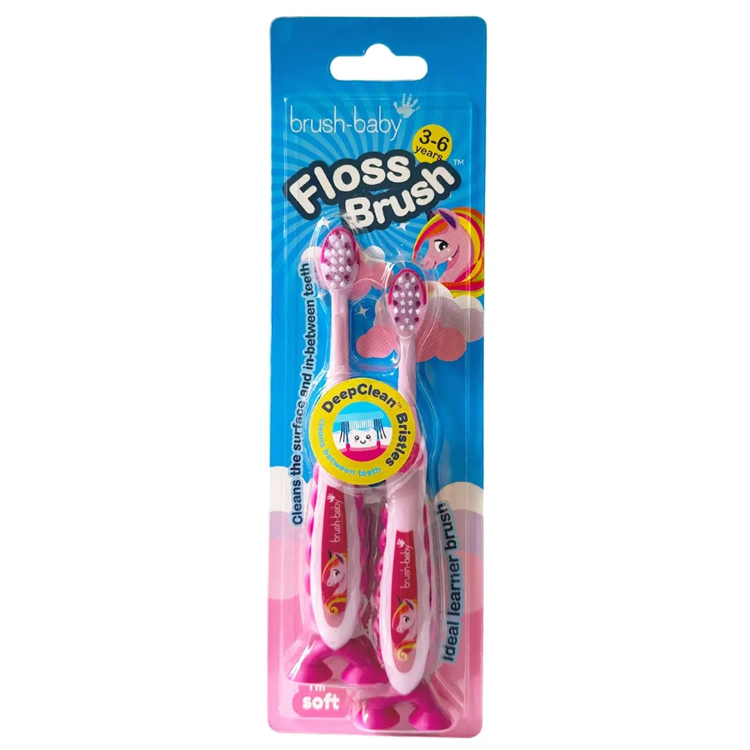 FlossBrush™ Bristles Toothbrushes Double Pack (3-6 Years) 4 Packs of Mixed Colors (Dinosaur, Unicorn, Rocket, Flamingo)