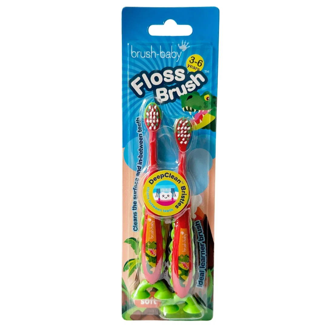 FlossBrush™ Bristles Toothbrushes Double Pack (3-6 Years) 4 Packs of Mixed Colors (Dinosaur, Unicorn, Rocket, Flamingo)