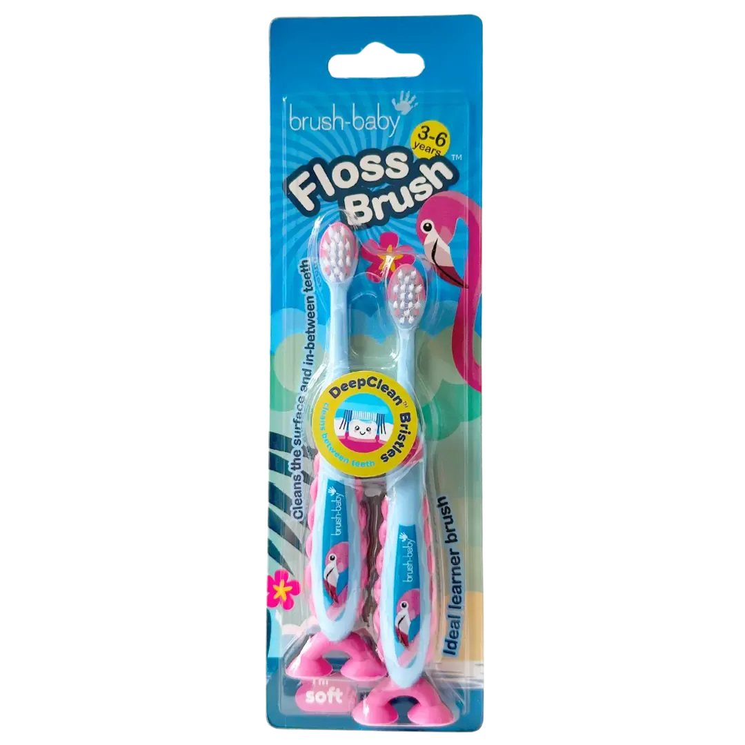 FlossBrush™ Bristles Toothbrushes Double Pack (3-6 Years) 4 Packs of Mixed Colors (Dinosaur, Unicorn, Rocket, Flamingo)