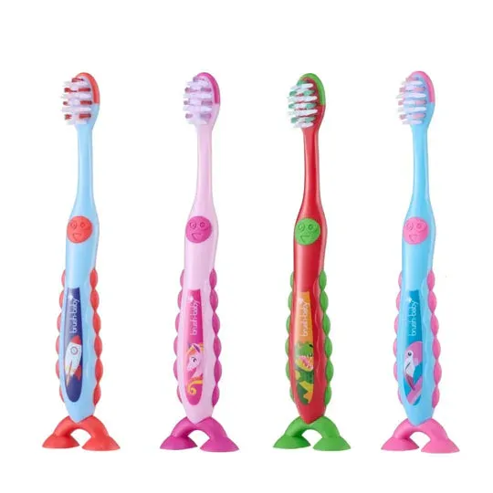 FlossBrush™ Bristles Toothbrushes Double Pack (3-6 Years) 4 Packs of Mixed Colors (Dinosaur, Unicorn, Rocket, Flamingo)