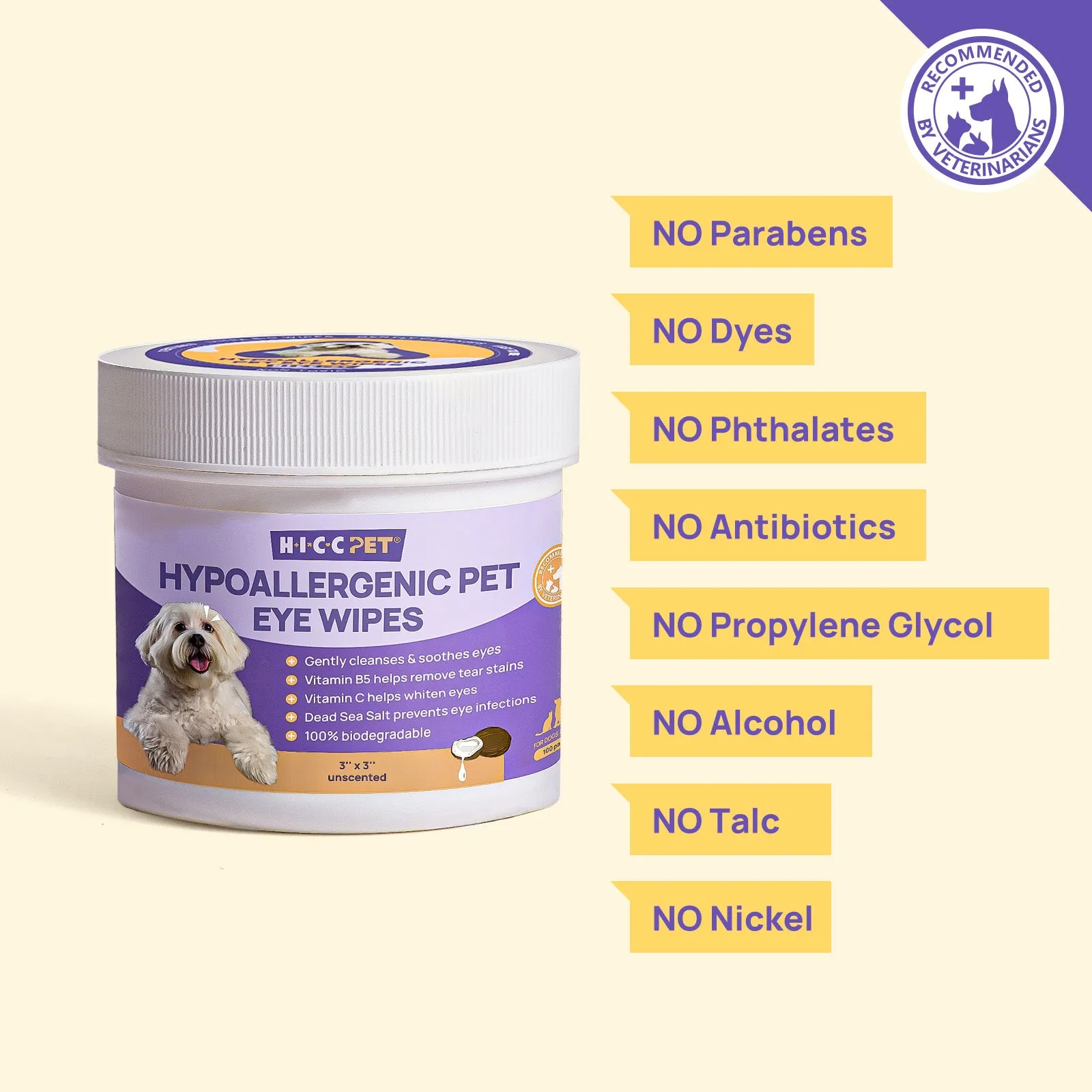 HICC Pet®  Hypoallergenic Pet Eye Wipes For Cats, Unscented, 100 Pads