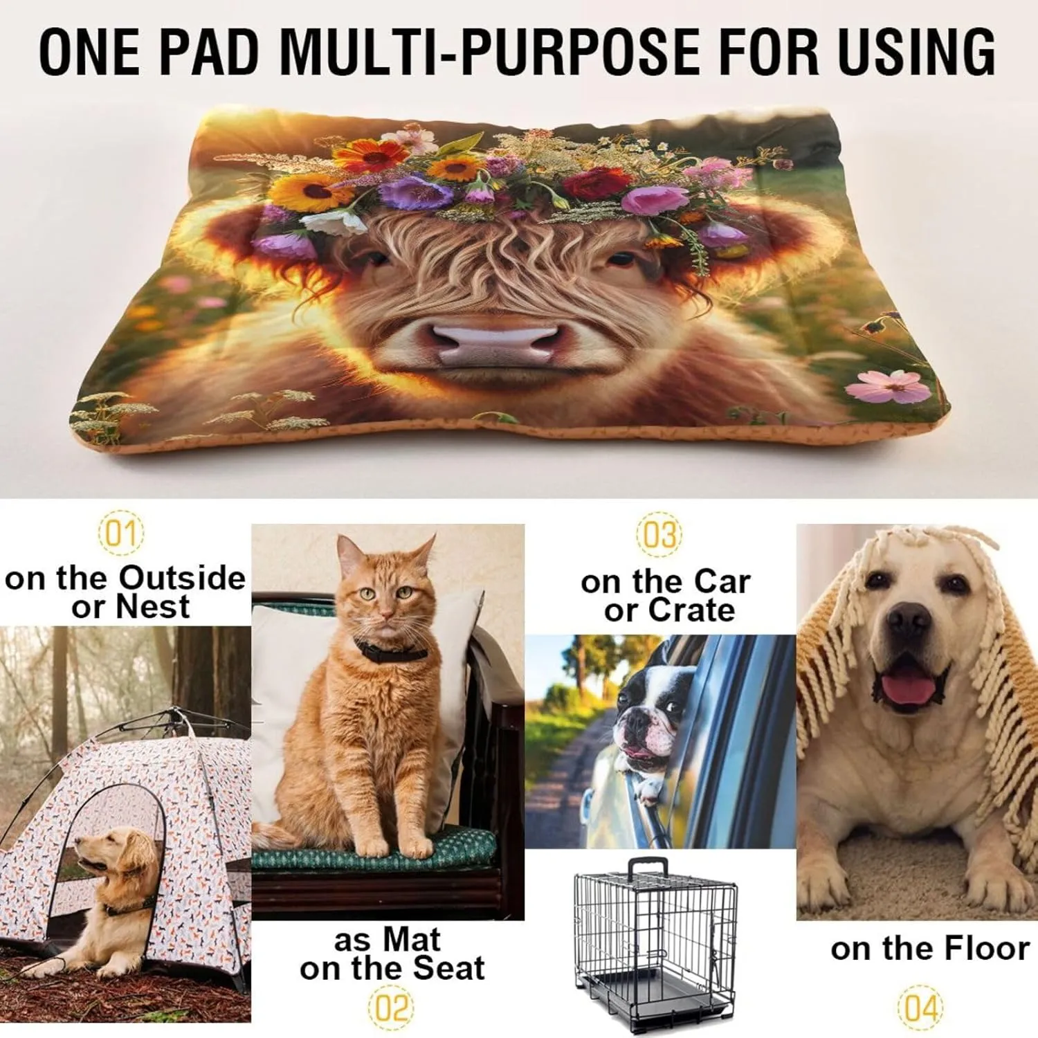 Joko Ivery Highland Cow Orange Dog Cat Bed for Crate Soft Crate Pad Anti Slip Sleeping Mats Machine Washable Crate Mat for Puppy Dogs Cats Indoor Pet Supplies 3624 in
