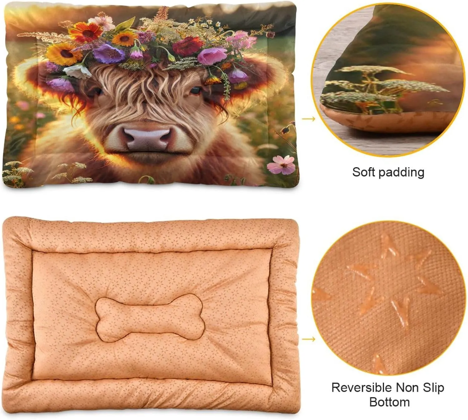 Joko Ivery Highland Cow Orange Dog Cat Bed for Crate Soft Crate Pad Anti Slip Sleeping Mats Machine Washable Crate Mat for Puppy Dogs Cats Indoor Pet Supplies 3624 in