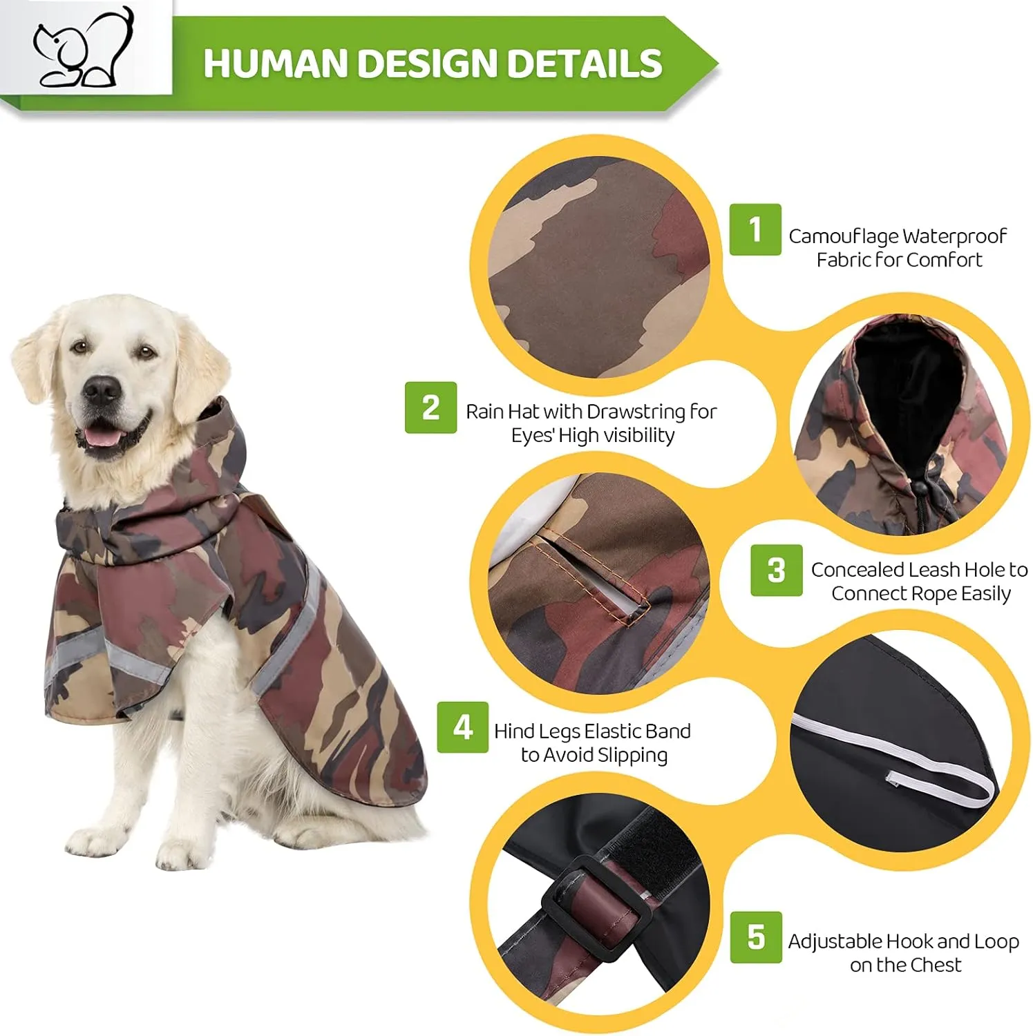 KOESON Dog Raincoat Waterproof Pet Rain Jacket, Reflective Adjustable Dog Rain Poncho Slicker with Leash Hole, Camouflage Lightweight Rainproof Hoodie Clothes for Medium Large Dogs Brown M