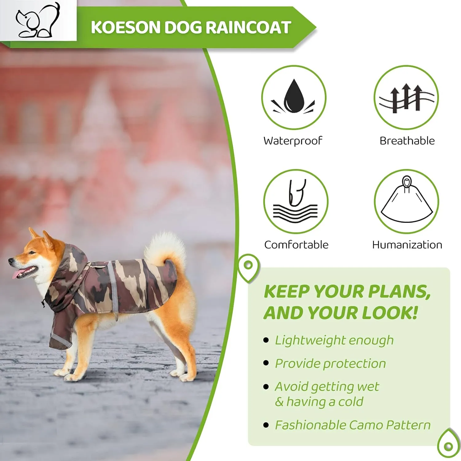 KOESON Dog Raincoat Waterproof Pet Rain Jacket, Reflective Adjustable Dog Rain Poncho Slicker with Leash Hole, Camouflage Lightweight Rainproof Hoodie Clothes for Medium Large Dogs Brown M