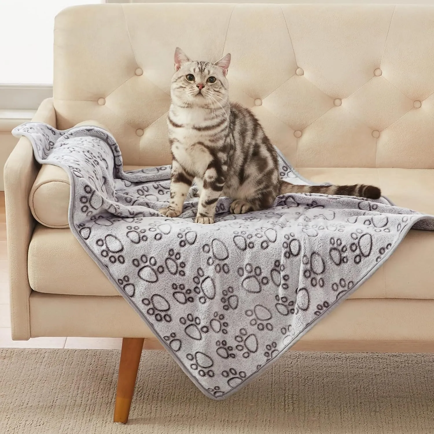 Luciphia 1 Pack 3 Blankets Fluffy Premium Fleece Pet Blanket Flannel Paw Printed Throw for Dog Cat Grey Paw Small(23"x16",Pack of 3)