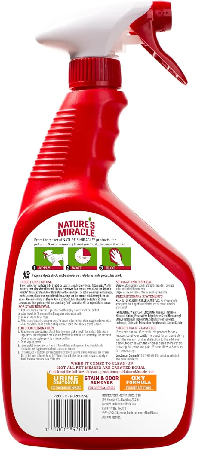 Natures Miracle Advanced Stain and Odor Eliminator Dog, 32 Ounces, Fresh Scent, Severe Mess Enzymatic Formula For Tough Pet Messes