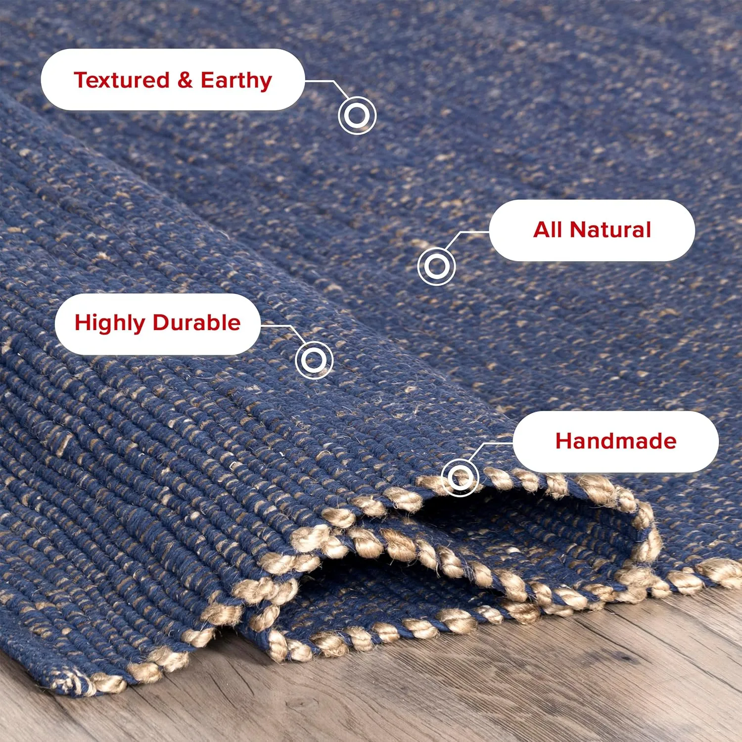 nuLOOM 2x8 Elfriede Jute & Cotton Hand Woven Area Rug, Blue, Solid Rustic Farmhouse Style, Weaved Design, Natural Fiber, For Bedroom, Living Room, Dining Room, Hallway, Office, Entryway