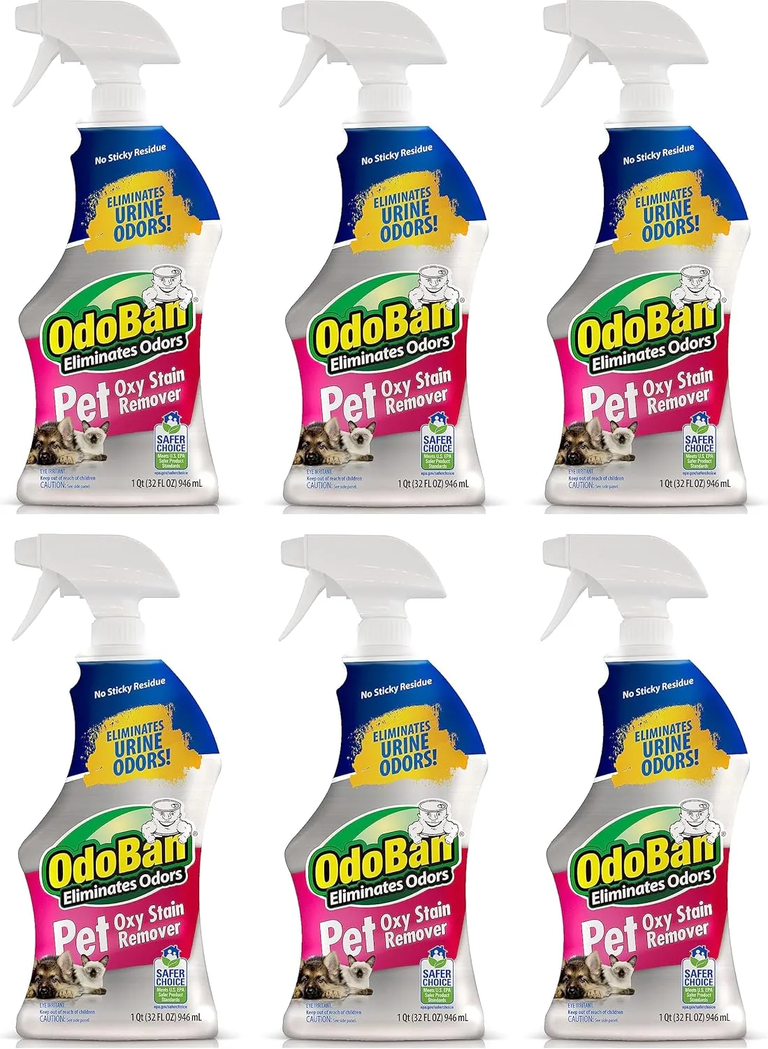 OdoBan Pet Solutions Oxy Stain Remover, Pet Stain Eliminator, 6-Pack, 32 Ounce Spray Each