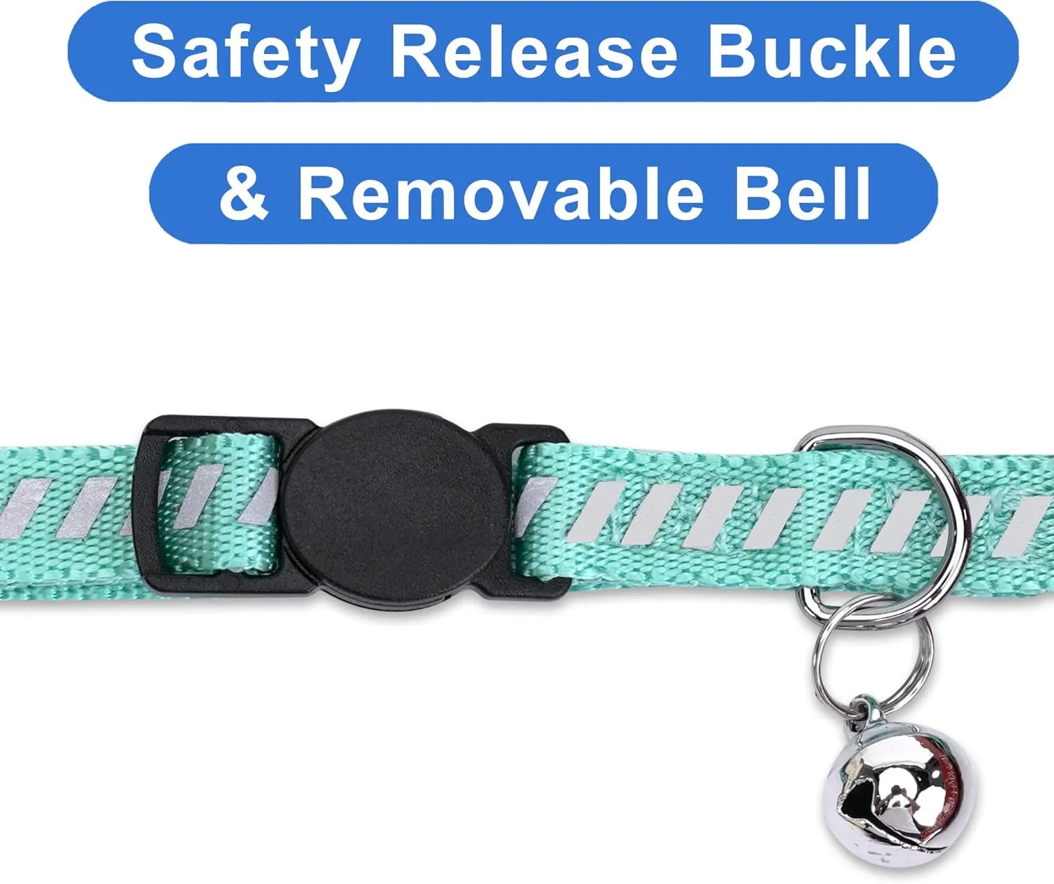 Pawtitas Personalized Cat Collar with Safety Buckle and Removable Bell Cat Collar with Name Phone Number Kitten Adjustable Collar Customized Cat Collar | Teal Reflective Collar for Cats