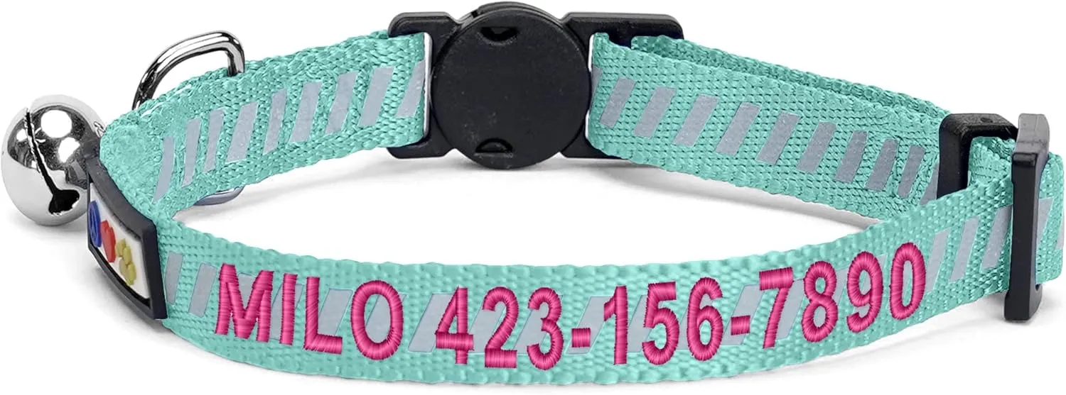Pawtitas Personalized Cat Collar with Safety Buckle and Removable Bell Cat Collar with Name Phone Number Kitten Adjustable Collar Customized Cat Collar | Teal Reflective Collar for Cats