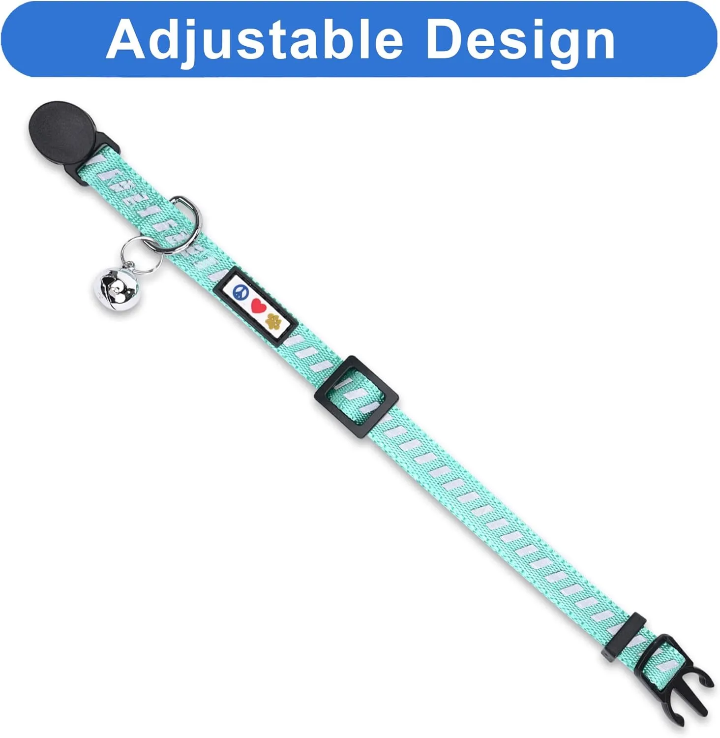 Pawtitas Personalized Cat Collar with Safety Buckle and Removable Bell Cat Collar with Name Phone Number Kitten Adjustable Collar Customized Cat Collar | Teal Reflective Collar for Cats