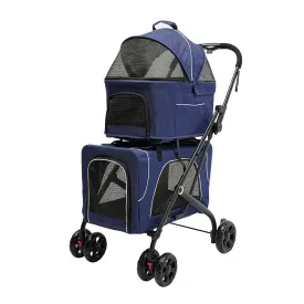 Pet Foldable Cart Double Layer Dog Cat Stroller Outdoor Pet Gear Breathable Safety Guard Visible Mesh w/ 4 Rollers 33.07 LBS Per Tier, 2 Colors (Blue)